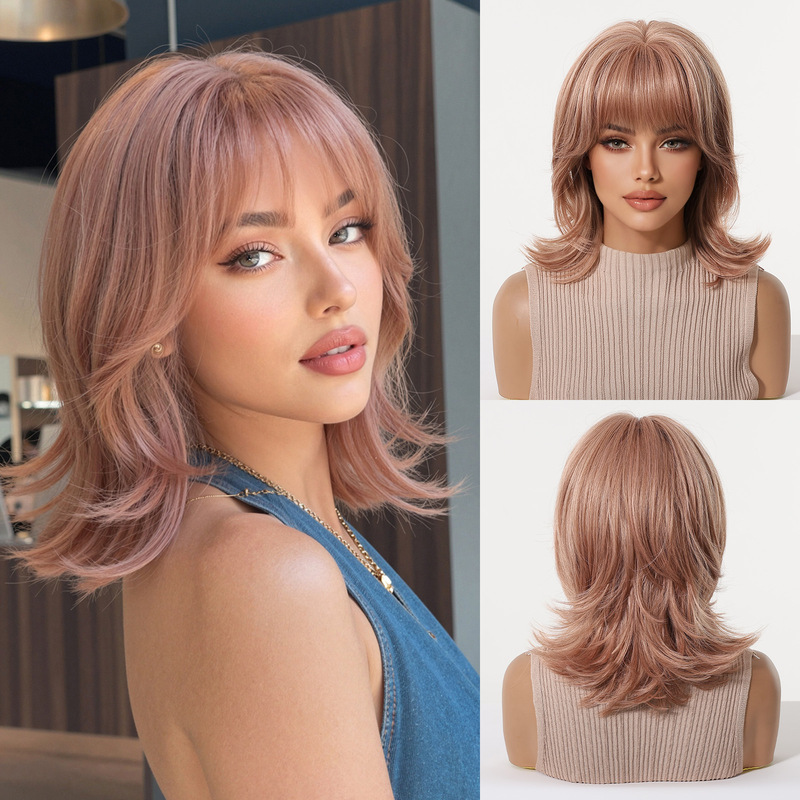 Wig Fiber Net - باروكة نسائية مع غرة، تجعيد ذيل